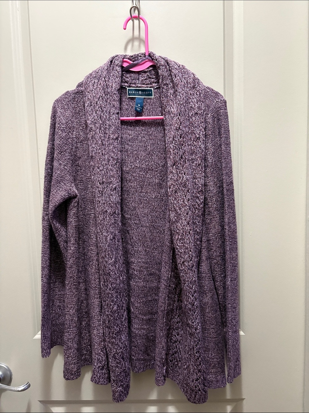 Karen Scott Heathered Mauve Open-Front Cardigan